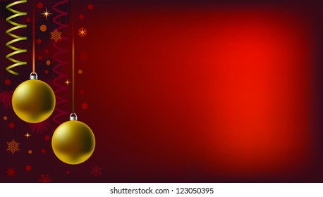 2 New Year's gold spheres on a red background with a fur-tree branch and tapes