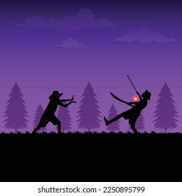 2 Combate nocturno de Ninja con poder mágico y armas ilustración plana, ilustración de la guerra de ninja