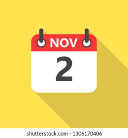 2 november calendar flat style icon with long shadow.
