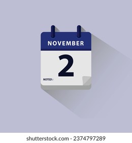 2. November Kalenderwoche Vektor Symbol. November-Kalender mit Farbverlauf-Schatten und Notizen auf hellem Hintergrund