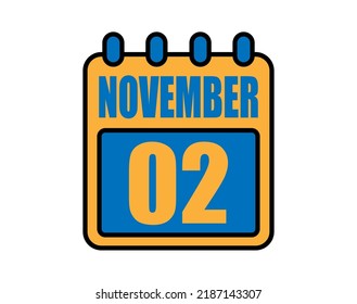 2 November calendar. November calendar icon in blue and orange. Vector Calendar Page Isolated on White Background.