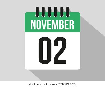 Icono vectorial del calendario 2 de noviembre. Noviembre verde de los días del mes y la semana