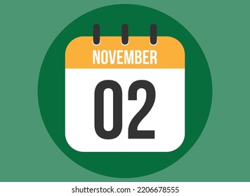 2 de noviembre vector de calendario verde. Calendario de noviembre con círculo en segundo plano claro.