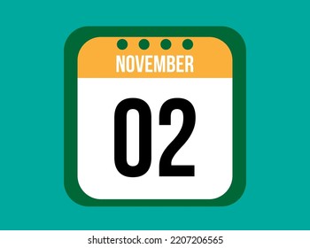 Vector de calendario anaranjado del 2 de noviembre. Fecha de noviembre con cuadrado sobre fondo claro.