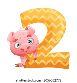 2 number and cute pig baby animal. Educational numbers for children, home or kindergarten decor cartoon vector illustration