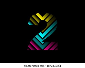 2 number font logo with cmyk color. Dynamic split blue, pink, yellow color on black background. For social media,design elements, creative poster, brand label and more