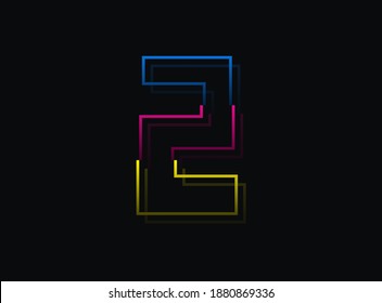 Tipo de letra de 2 números, logotipo de diseño vectorial. Dinámico, de dos colores, azul, rosa, amarillo sobre fondo negro. Ilustración Eps10
