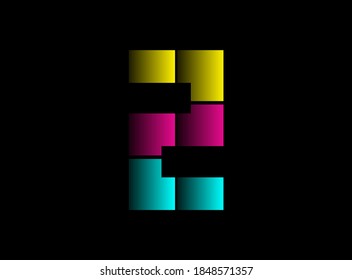 Fuente de 2 números, logotipo vectorial hecho de color Cmyk. Color dinámico de color azul, rosa, amarillo sobre fondo negro. Para medios sociales, elementos de diseño, afiche creativo, plantilla web, etc.                       
