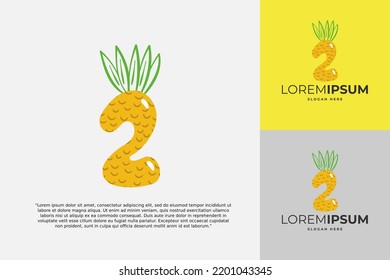 2 Number logo made of pineapple. Fruit handmade calligraphy for agricultural identity, restaurant cards, kids t-shirt, summer prints, etc