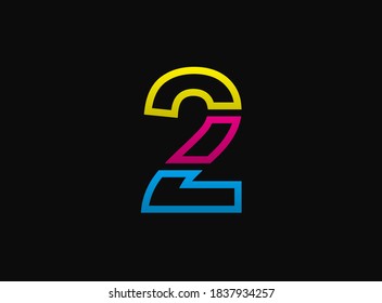 2 number logo, vector desing font .Dynamic cmyk split blue, pink, yellow color on black background. For social media,design elements, creative poster, anniversary celebration, greeting web template 