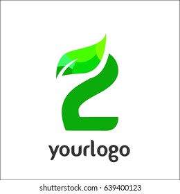 2 number logo. Vector green alphabet set of eco letters logo with leaves