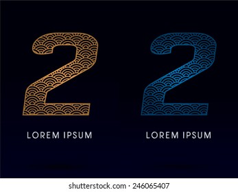 2 Number ,Luxury font ,designed using gold and blue line, concept shape from water, river, sea, ocean, fish scale, logo, symbol, icon, graphic, vector.