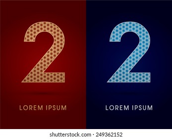 2 ,Number ,Luxury font,designed using gold and silver geometric on dark red and dark blue background,concept shape from screws,hexagon, honeycomb,jewelry,gems, logo, symbol icon,graphic,vector.