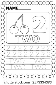 2, Number Two.Cherry.Number tracing worksheet for kindergarten.Preschool math practice.Coloring page.Kids learning.Activity for children.Book page with outline.Printable.Cartoon vector illustration.