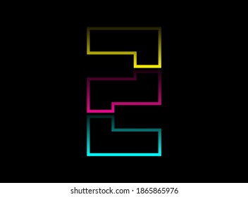 2 Zahlenvektordesign, Farbschriftlogo für Cmyk. Dynamisch gespaltene blaue, rosafarbene, gelbe Farbe auf schwarzem Hintergrund. Für soziale Medien, Design-Elemente, Kreativposter, Webvorlagen und mehr