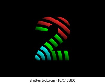 2 number vector desing, rgb color font logo. Dynamic split red, green, blue color on black background. For social media,design elements, creative poster, web template and more


