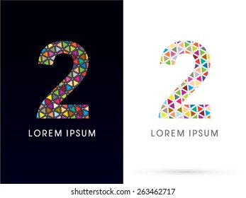 2 ,Number,Colorful font, concept mosaic pattern, designed using colors triangle geometric shape. on dark and white background, sign ,logo, symbol, icon, graphic, vector.