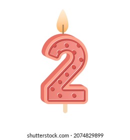 2 number-shaped birthday candle for second year anniversary. Two figure wax candlelight with flame for party cake for 2d bday. Colored flat vector illustration isolated on white background