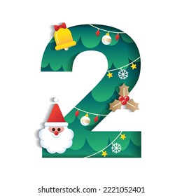 2 Numeric Number Alphabet Cute Merry Christmas Concept Santa Claus Bell Mistletoe Christmas Tree Character Font Letter Christmas Element Cartoon Green 3D Paper Layer Cutout Card Vector Illustration