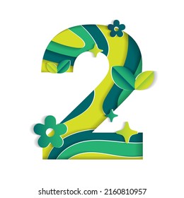 2 Numeric Number Character Environmental Eco Environment Day Leaf Font Letter Cartoon Style Abstract Paper Sparkle Shine Green Mountain Geography Contour 3D Paper Layer Cutout Card Vector Illustration