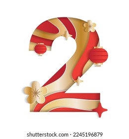 2 Numeric Number Chinese New Year Concept Character Font Letter Abstract Paper Flower Lantern Lunar Festival Element Sparkle Shine Gradient Gold Red 3D Paper Layer Cutout Card Vector Illustration