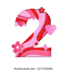 2 Numeric Valentines Day Love Abstract Character Font Number Paper Lively Flower Heart Sparkle Shine Red Pink Mountain Geography Contour Map 3D Layer Paper Cutout Card Web Banner Vector Illustration