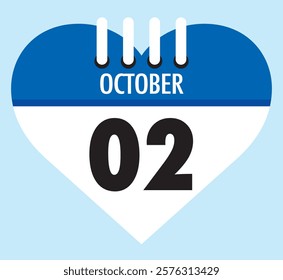 2 October calendar icon blue heart shape on light sky blue color background, calendar vector symbol for the month of October.