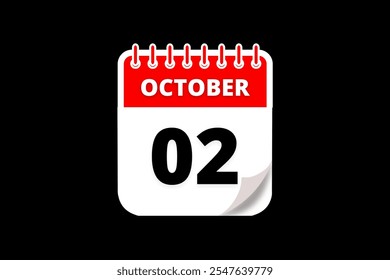 Diseño web mensual de la página de texto del icono del calendario del 2 de octubre en el Vector, el icono o la ilustración del fondo rojo, blanco y negro con el mes del 2 de octubre