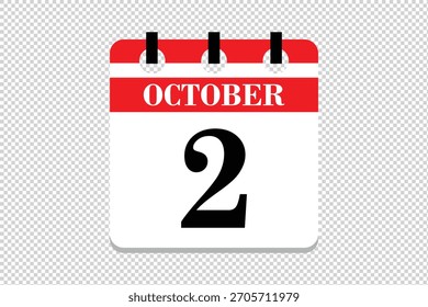 2 October Calendar icon vector, 2 dates of October month calendar icon, dates of October 2 icon calendar, vector calendar icon.