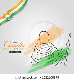 2 October Happy Gandhi Jayanti Abstract sketch of Gandhi Ji Lineart Vector illustraion with Indian Flag Tri colors and Ashoka wheel for Gandhi Jayanti wishes.