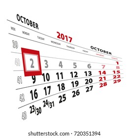2 October highlighted on calendar 2017. Week starts from Monday. Vector Illustration.