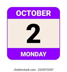 2 October, Monday. Date template. Useful design for calendar or event promotion. Vector illustration EPS 10 File.  