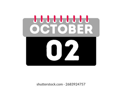 2 October month single day vector, illustration, calendar with ash, black, red and white color background calendar icon of October 2