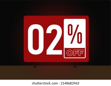 2 % Rabatt. Schwarzer Hintergrund, Holzfußboden und TV mit 2% Ermäßigung. Vektor-Discount-TV-Konzept.