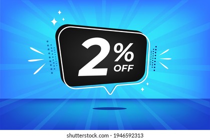 2% de descuento. Banner azul con un 2% de descuento en un globo negro para grandes ventas.