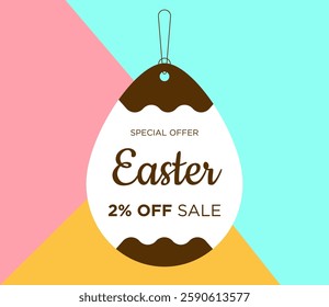 2% off Sale Happy Easter promotion and special offer discount inside the Easter egg. Two percent off price tag label. Template for Easter. Vector Illustration.