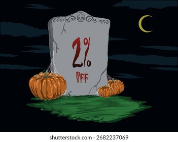 2% de Pegatina Tombstone con calabazas en la noche con media luna en el cielo - Halloween