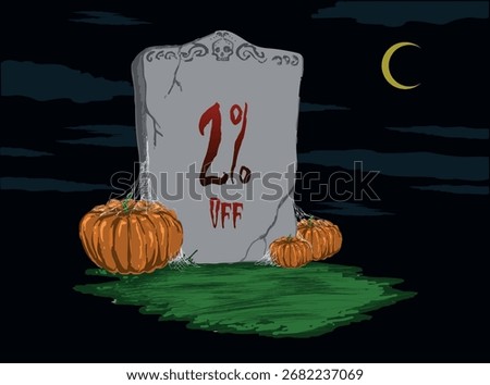 2% off Tombstone sticker with pumpkins at night with a half moon in the sky - Halloween