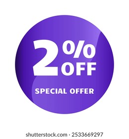 Desconto de 2%. Dois por cento de desconto, Oferta Especial. Modelo de design de banner de venda de desconto. Etiqueta de desconto. Ilustração vetorial. Design roxo.