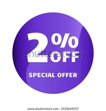 2% off. Two percent off, Special Offer. Discount sale banner design template. Discount tag. Vector illustration. Purple Design.