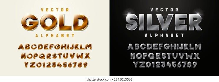 2 in one premium vector alphabets. Gold and Silver metal. Metallic fonts 3d effect typographic elements. Three dimensional typeface effect