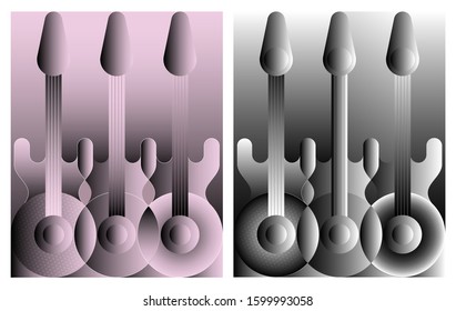 2 options of Three electric guitars design with embossing visual effect. Music poster greyscale vector illustration.