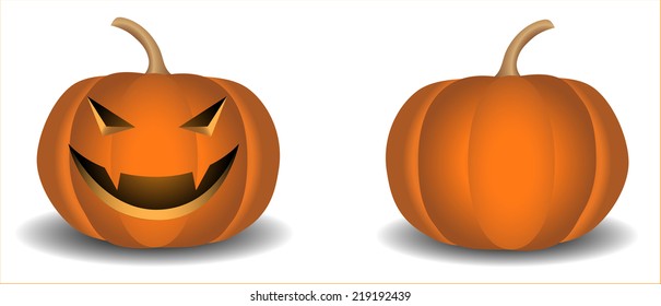 2 orange realistic pumpkins with an evil face for Halloween