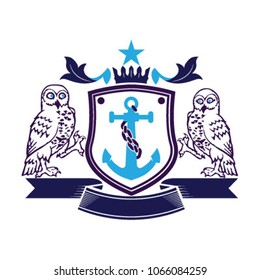2 Owls anchor Crest Emblem Family logo brand identity.