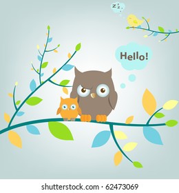 2 Owls Sitting On Tree, Vector Illustration