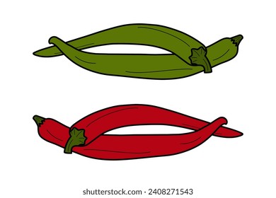 2 pairs of red and green chili peppers intertwined. Mexican traditional condiment and spicy. Isolate
