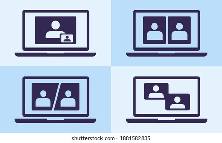 2 Panel Video Conference Online Meetings Teleconference On Laptop Icon Virtual Chat Symbol Sign. Suitable For Online School Class, Work From Home WFH, Web Seminar Or Webinars Student Group Infographic