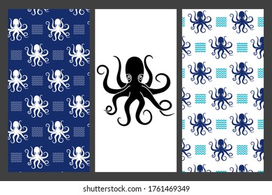 2 Muster und eine Octopus-Silhouette für Tapete oder Stoff.