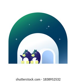 2 penguin illustration sitting and enjoying the aurora in the sky and leaning on the snow house. cute and adorable animals. winter animals. elelment design