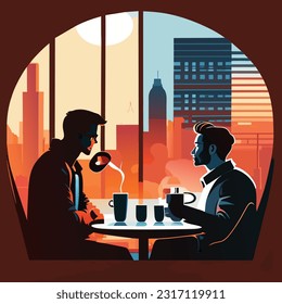 2 people are drinking coffee and talking 